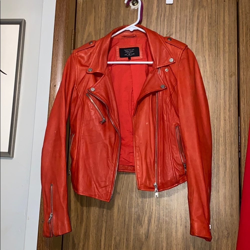 Women Zara red motorcycle leather jacket medium